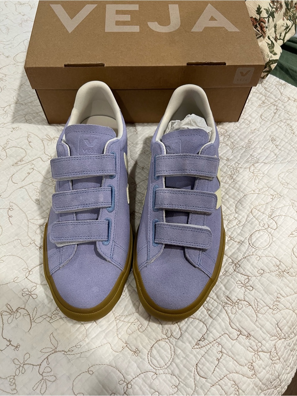 Veja Recife Suede Olympe Calcaire Velcro Sneaker Blue/ Beige Nee - Picture 2 of 5
